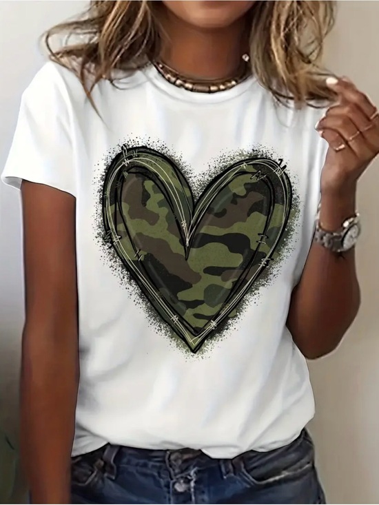 Unbranded Tops - White Short-Sleeve Tee with Green Camo Heart Graphic